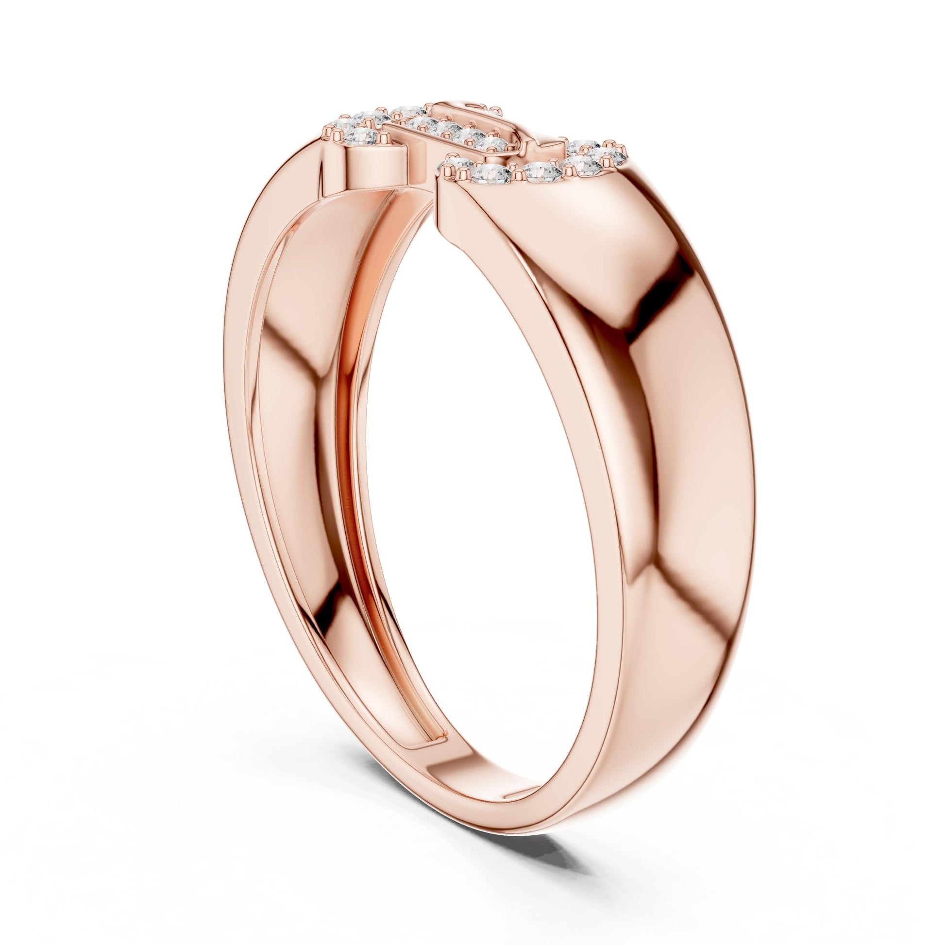 Rose gold moissanite diamond band ring by Riora, minimalist stacking wedding and anniversary jewelry with dainty design.