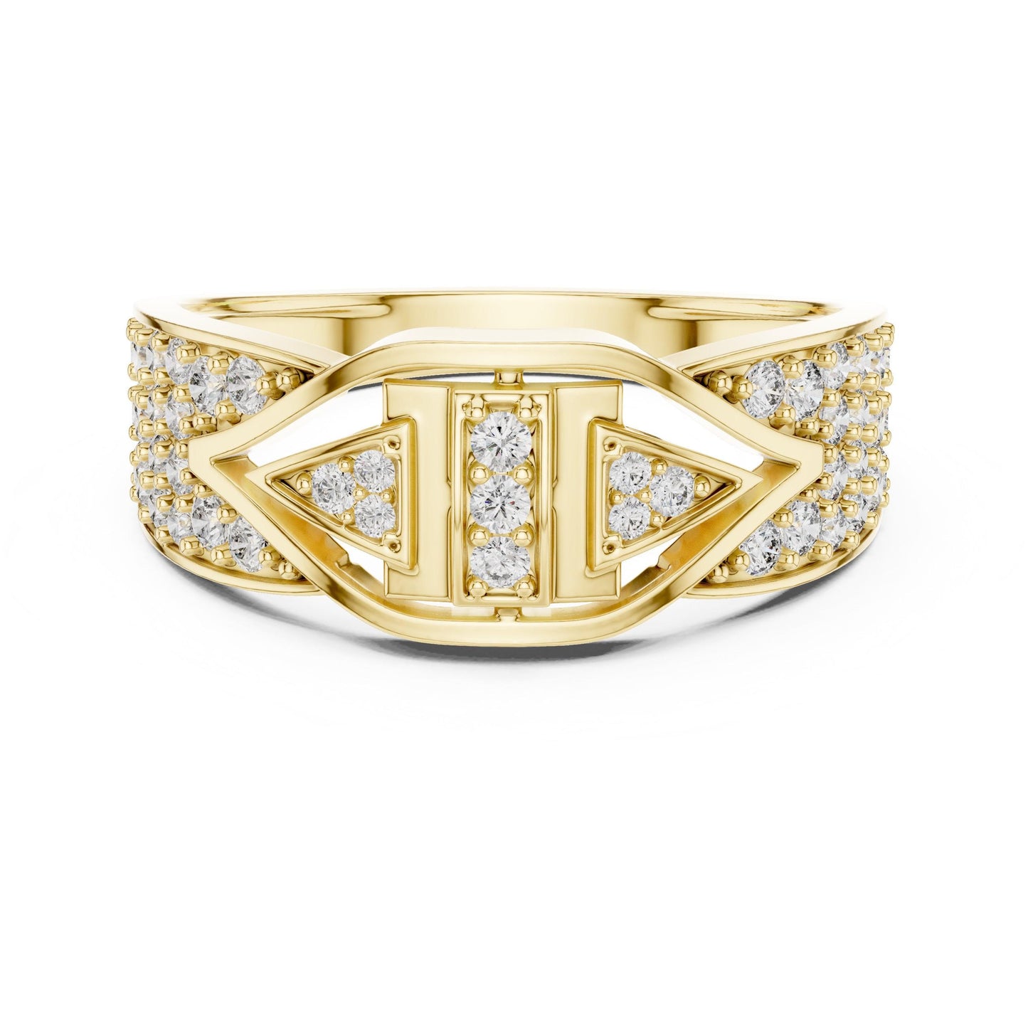 Riora Art Deco CZ triple panel wide band ring with hypoallergenic design and statement style, perfect for anniversaries and special occasions.