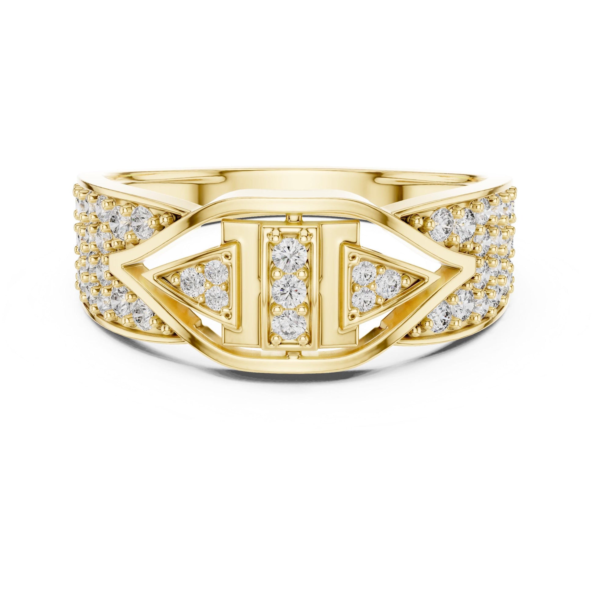 Riora Art Deco CZ triple panel wide band ring with hypoallergenic design and statement style, perfect for anniversaries and special occasions.