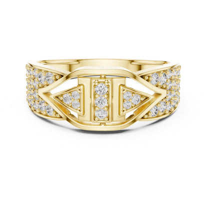Riora Art Deco CZ triple panel wide band ring with hypoallergenic design and statement style, perfect for anniversaries and special occasions.