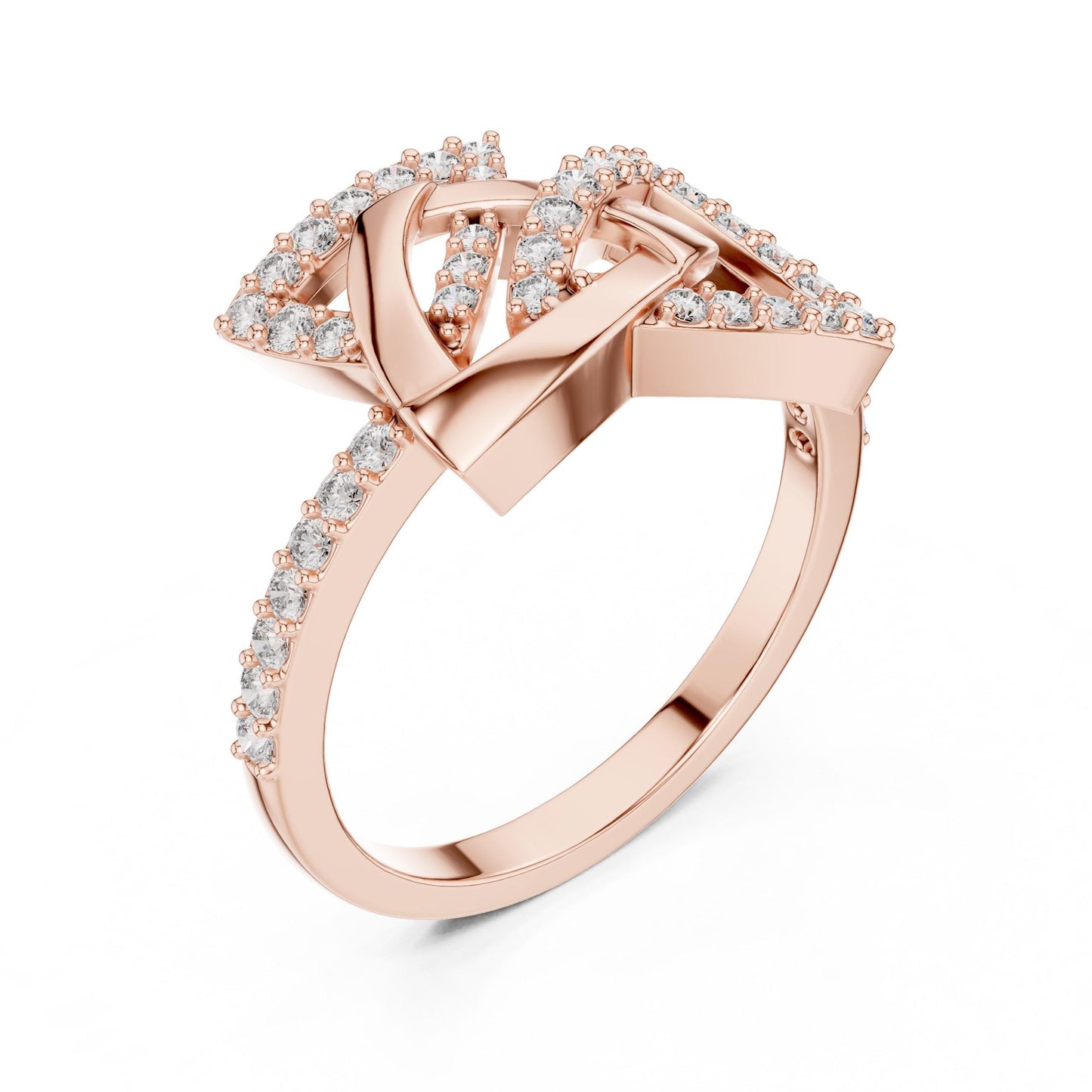 Rose gold geometric moissanite diamond statement ring featuring modern minimalist design and bold, unique jewelry by Riora.
