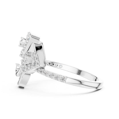 Riora Art Deco moissanite diamond statement ring with geometric vintage style, bold cocktail band, and unique engagement design.