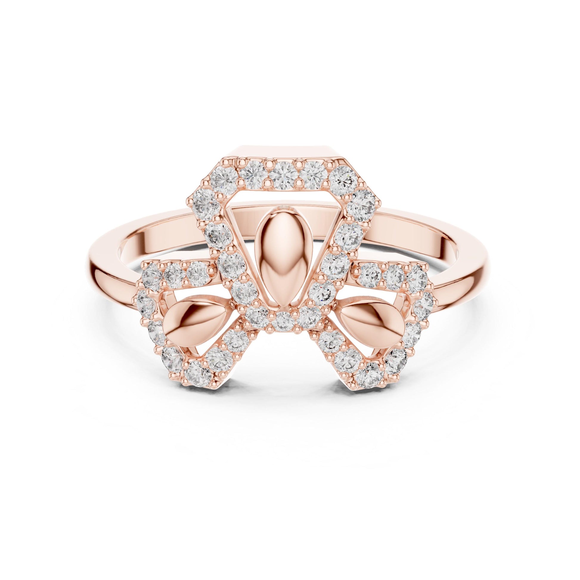 Rose gold moissanite diamond ring with elegant bow knot design, minimalist bridal jewelry by Riora, dainty promise ring.