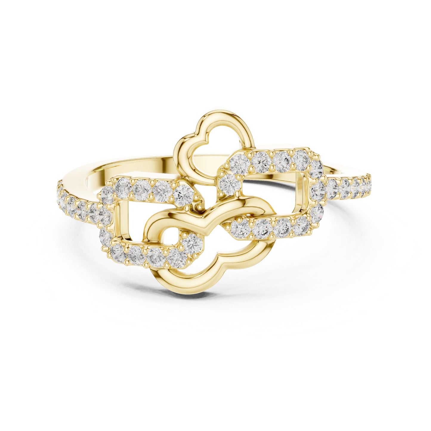 Riora moissanite diamond double heart buckle ring featuring romantic, minimalist love design with sparkling stones and sleek band.
