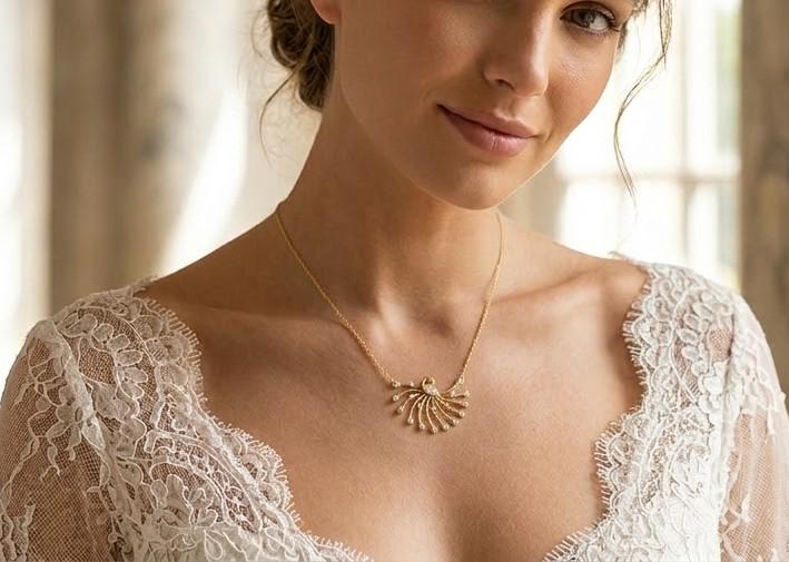 Riora moissanite peacock necklace in rose gold with an elegant bridal pendant, perfect for wedding jewelry or special gifts.