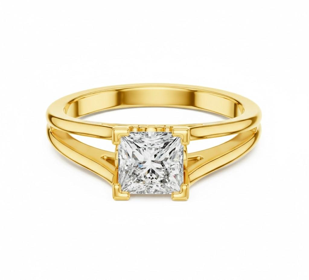 Princess cut CZ engagement ring in gold, rose, and silver by Riora with a minimalist design and bridal promise style.