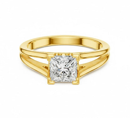 Princess cut CZ engagement ring in gold, rose, and silver by Riora with a minimalist design and bridal promise style.