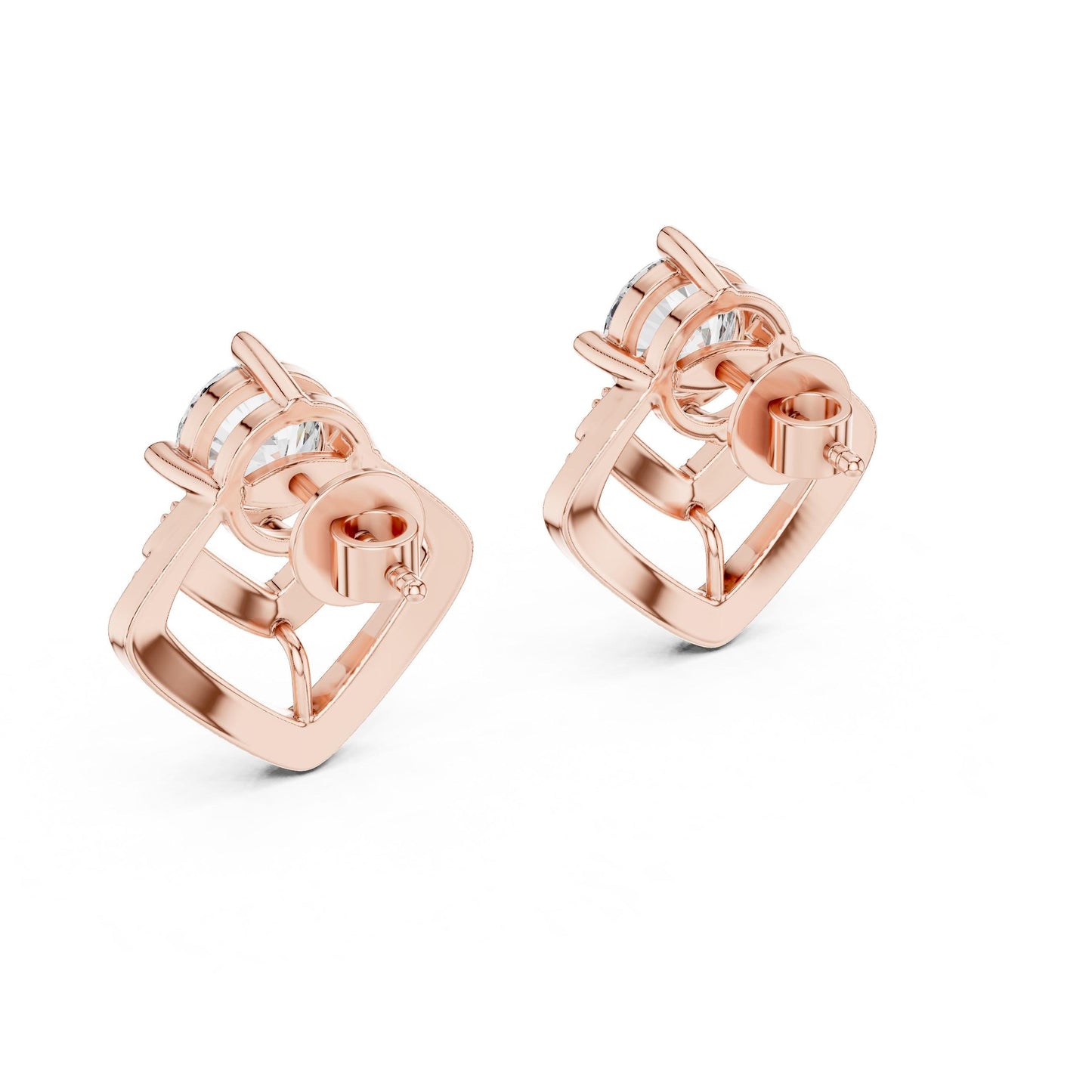 Gold and rose gold geometric moissanite diamond stud earrings with minimalist triangle design, featuring Riora branding.