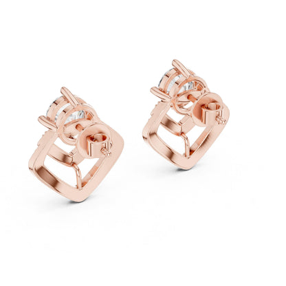 Gold and rose gold geometric moissanite diamond stud earrings with minimalist triangle design, featuring Riora branding.