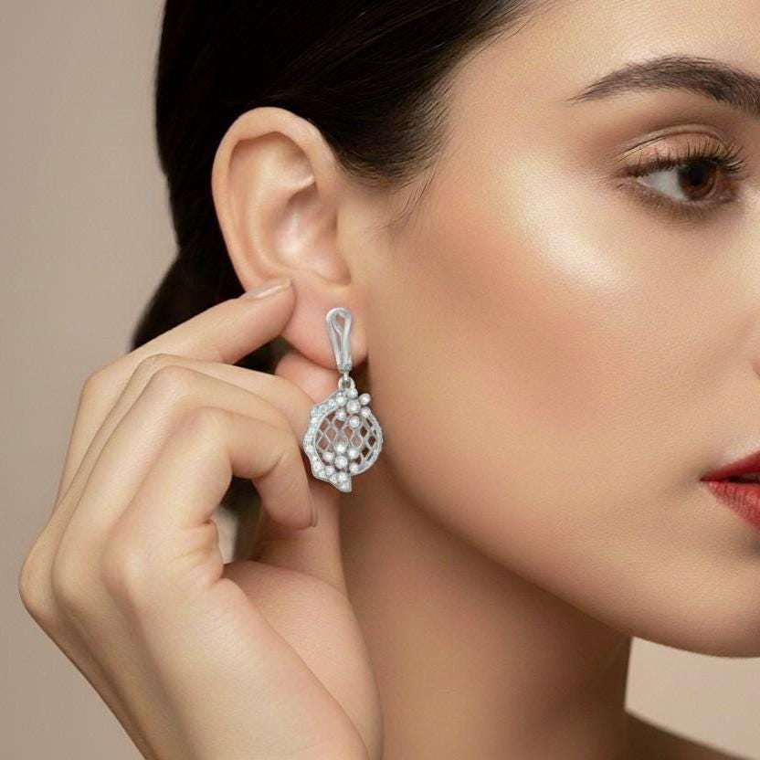 Moissanite Floral Lattice Drop Stud Earrings | Hypoallergenic | Gold, Rose Gold & Silver | Riora