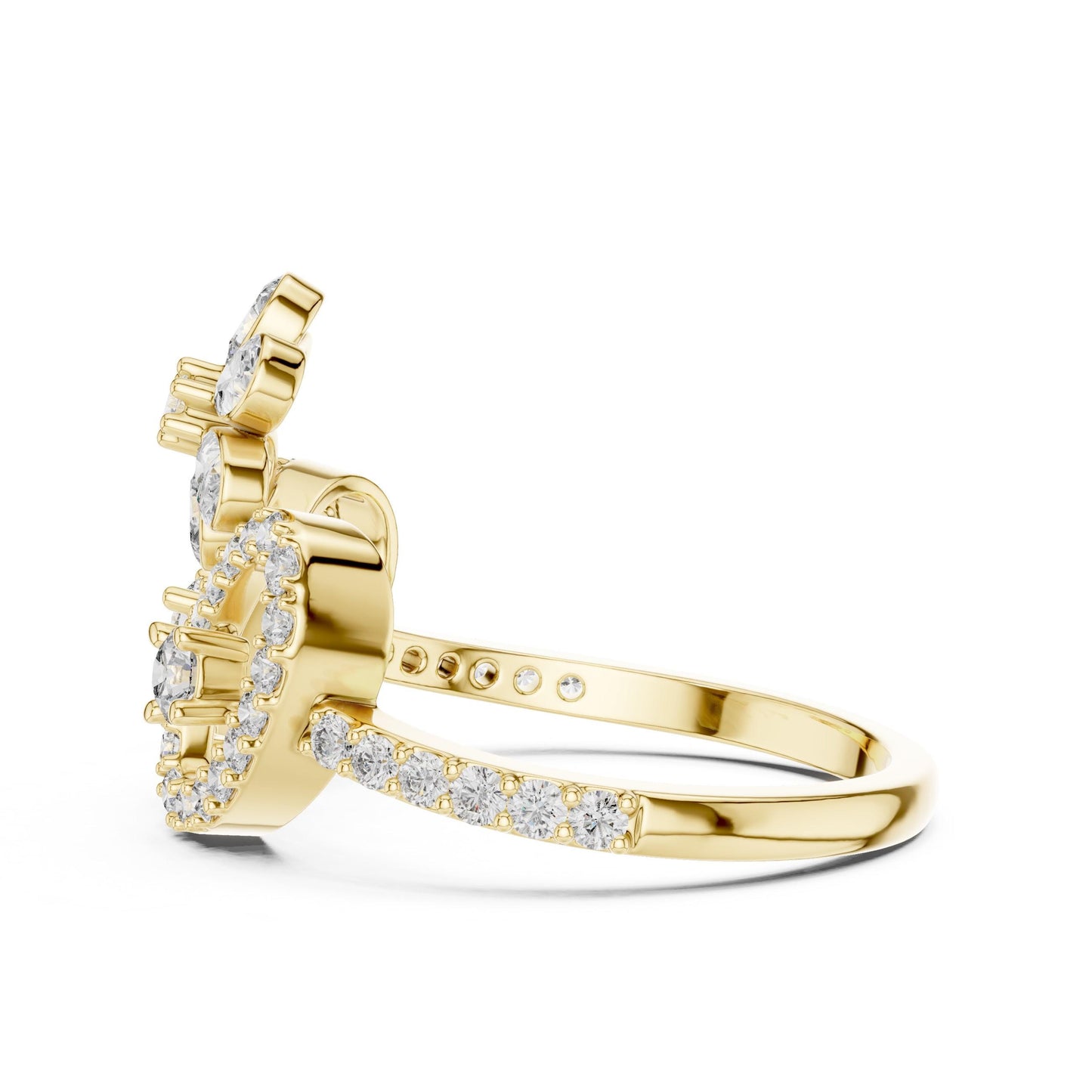 Riora floral halo moissanite diamond crown ring in gold and silver with vintage-inspired bridal design and intricate floral details.