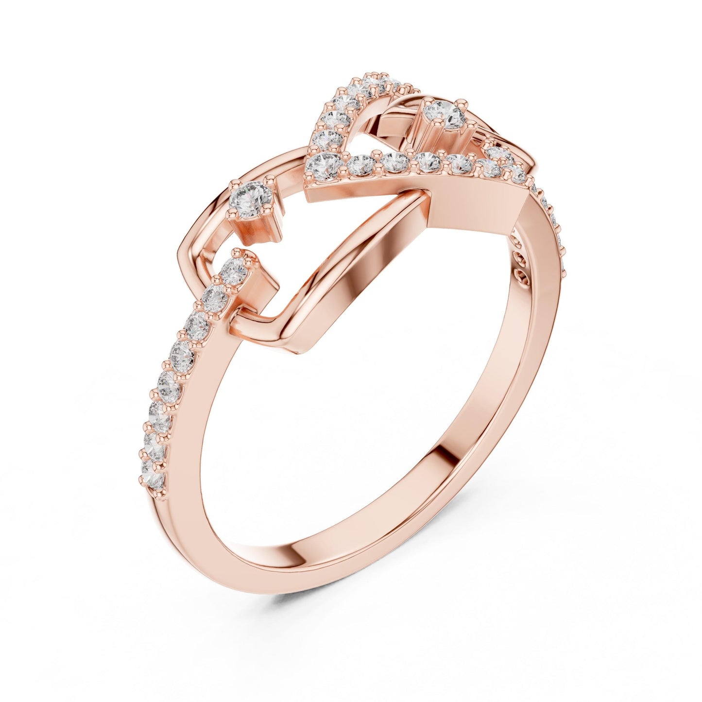 Rose gold infinity moissanite diamond ring for women, minimalist wedding band with sparkling stones and elegant design by Riora.