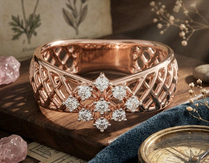 Riora vintage moissanite cluster engagement ring with floral lattice band in rose gold and silver, featuring diamond-style accents.