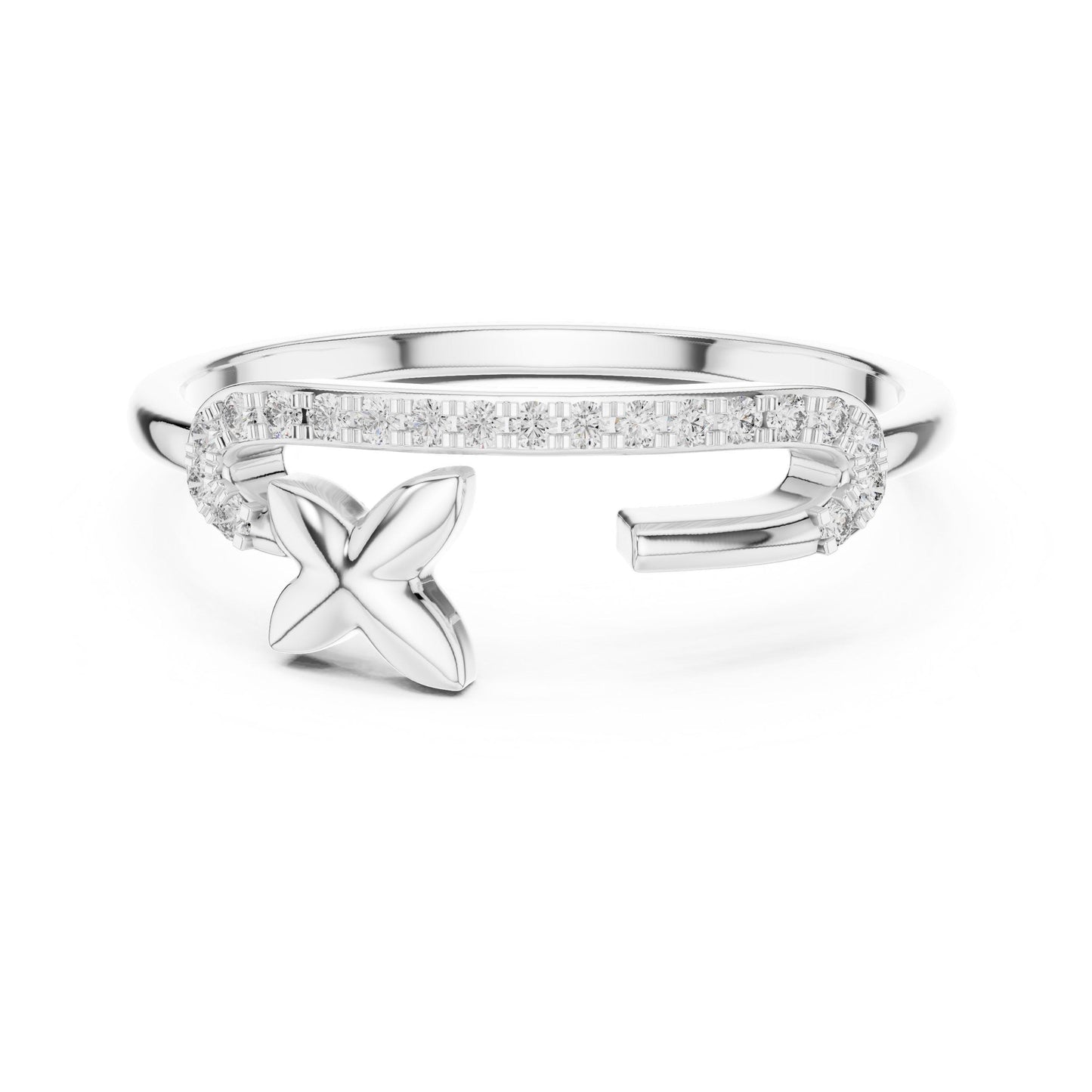 Dainty open band butterfly moissanite ring with pavé diamonds in gold, rose, and silver finishes, featuring minimalist and elegant design.