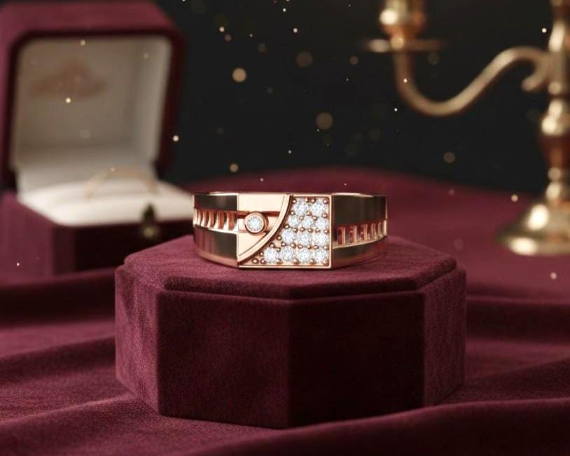 Luxury CZ statement ring by Riora featuring a gold and silver geometric band, hypoallergenic jewelry for men and women.
