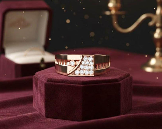Luxury CZ statement ring by Riora featuring a gold and silver geometric band, hypoallergenic jewelry for men and women.