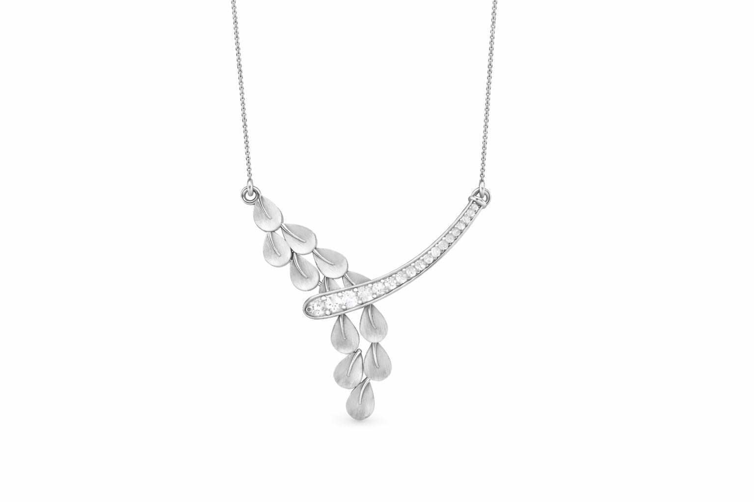 Rose gold moissanite leaf drop necklace with dainty botanical pendant, elegant minimalist jewelry for bridal or special occasions