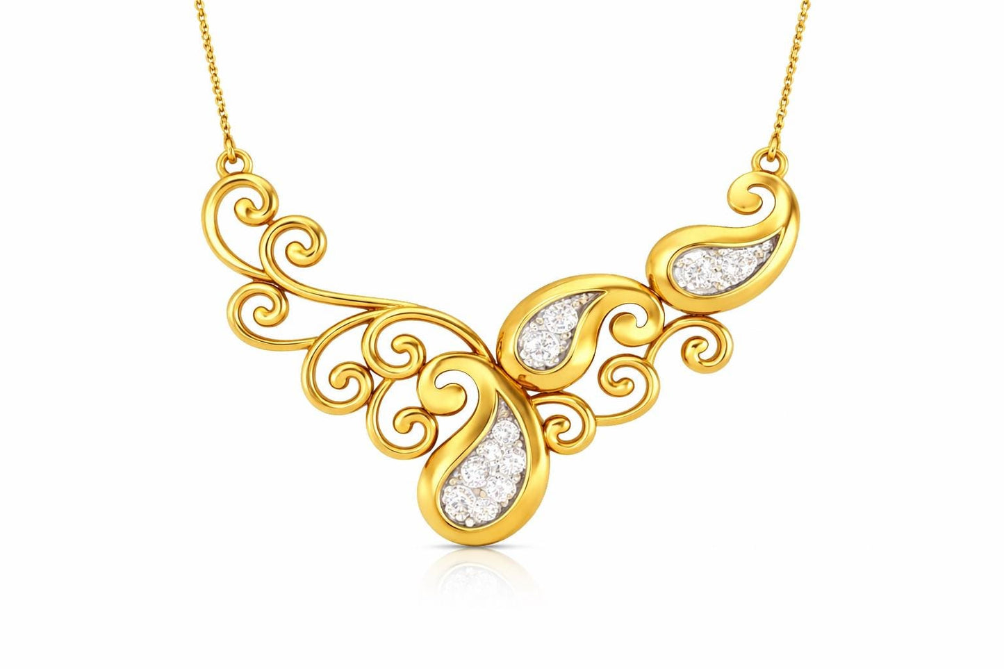 Riora moissanite scroll necklace with vintage-style pendant in rose gold, silver, and gold, ideal for bridal or statement jewelry.