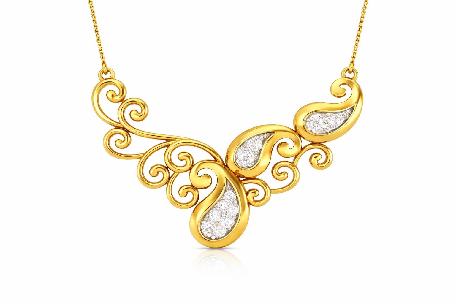 Riora moissanite scroll necklace with vintage-style pendant in rose gold, silver, and gold, ideal for bridal or statement jewelry.