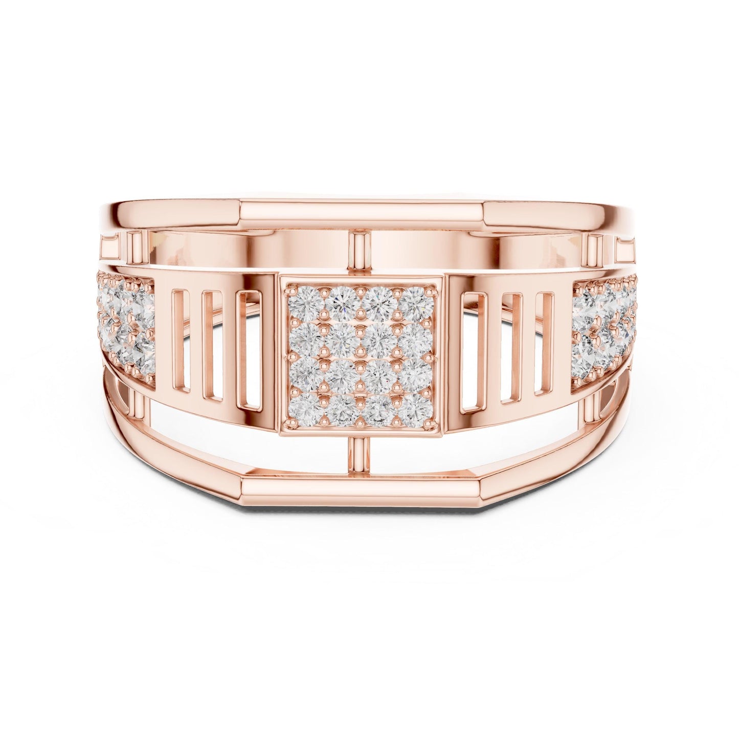 Men’s gold and rose silver CZ statement ring featuring a wide band, hypoallergenic fashion jewelry by Riora.