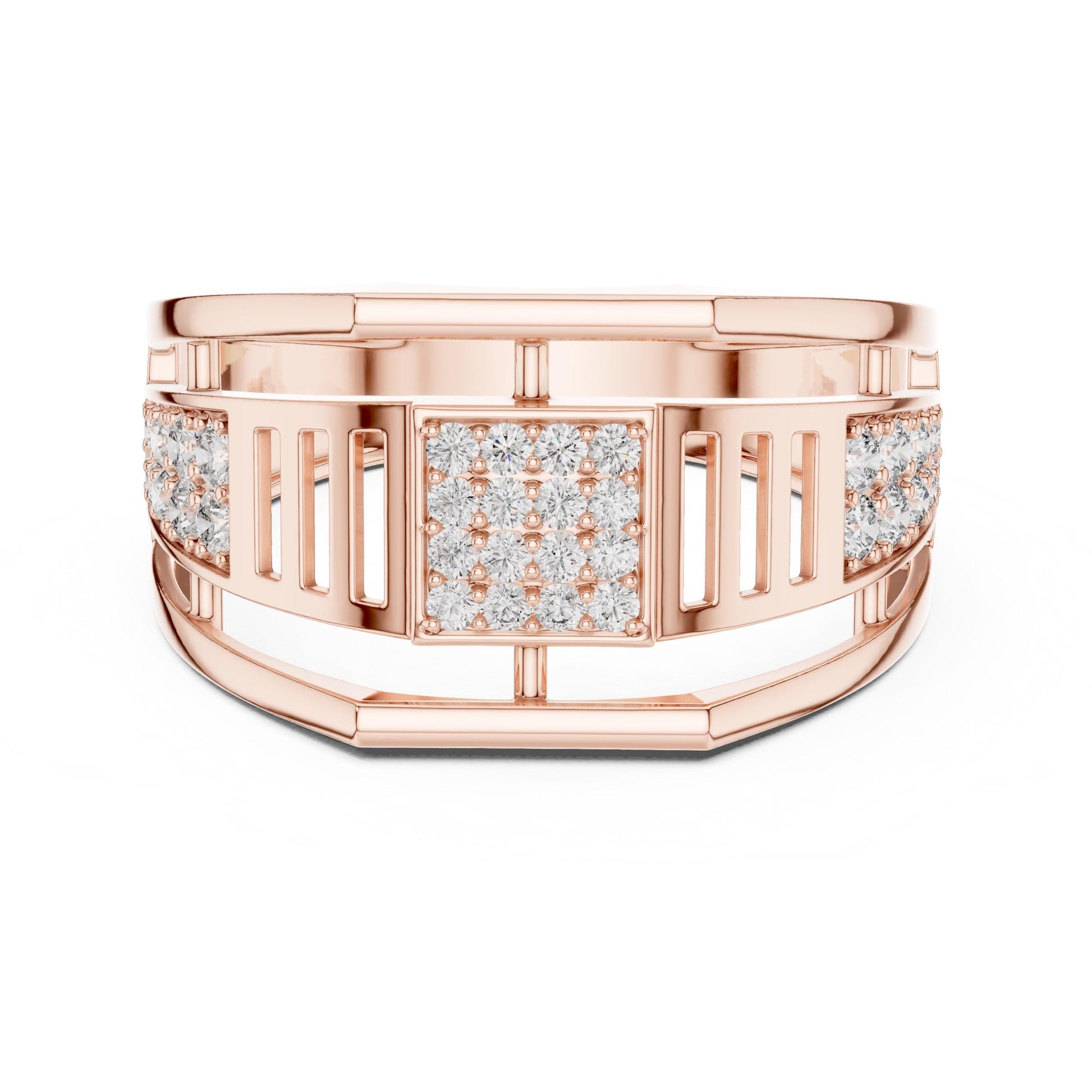 Men’s gold and rose silver CZ statement ring featuring a wide band, hypoallergenic fashion jewelry by Riora.