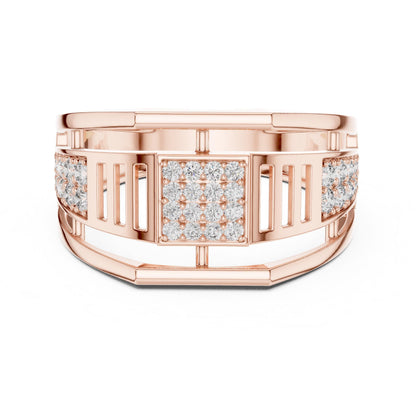 Men’s gold and rose silver CZ statement ring featuring a wide band, hypoallergenic fashion jewelry by Riora.