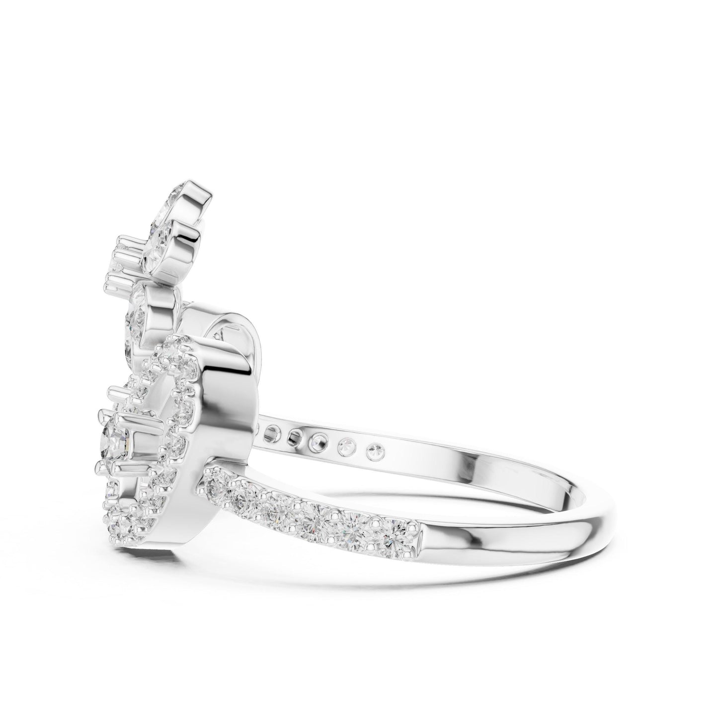 Riora floral halo moissanite diamond crown ring with gold and silver finish, vintage-inspired bridal engagement promise band