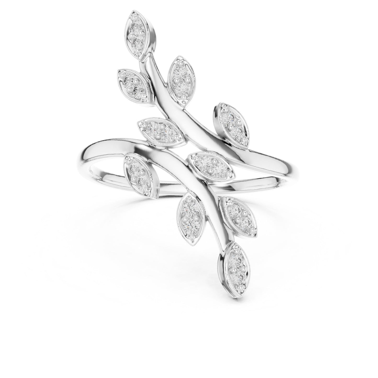 Rose gold Moissanite leaf branch ring featuring a vine design, botanical jewelry style, by Riora.