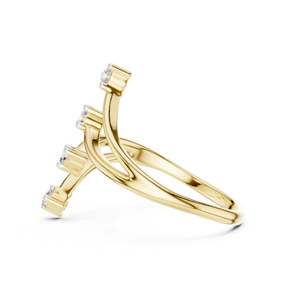 Riora Moissanite open wrap ring in minimalist diamond style with curved band in gold, rose gold, and silver jewelry.