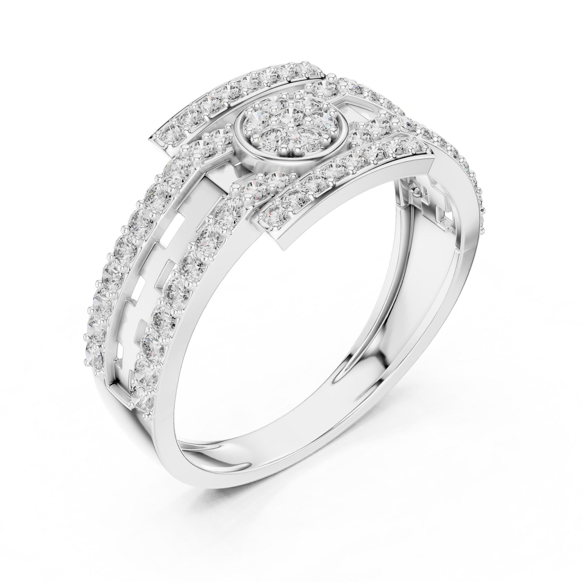 Rose silver luxury CZ halo band ring by Riora featuring a sparkling statement design, perfect for weddings or anniversaries.