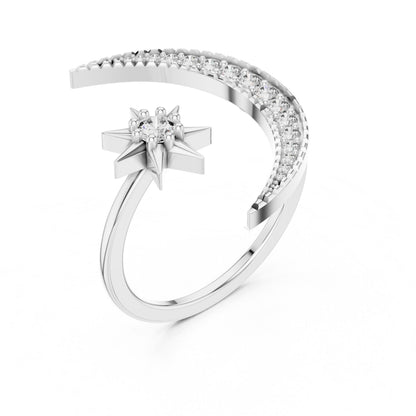 Riora celestial moon star ring with moissanite and crescent diamond, rose gold engagement and promise band, detailed star and moon design