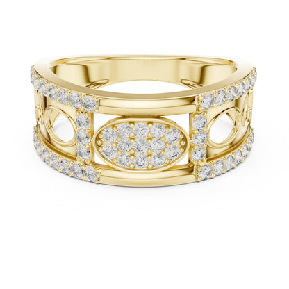 Riora wide CZ eternity band in gold rose silver, hypoallergenic statement ring with sparkling cubic zirconia accents.