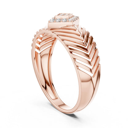 Gold rose geometric CZ Chevron wide band ring by Riora featuring hypoallergenic luxury anniversary jewelry design.