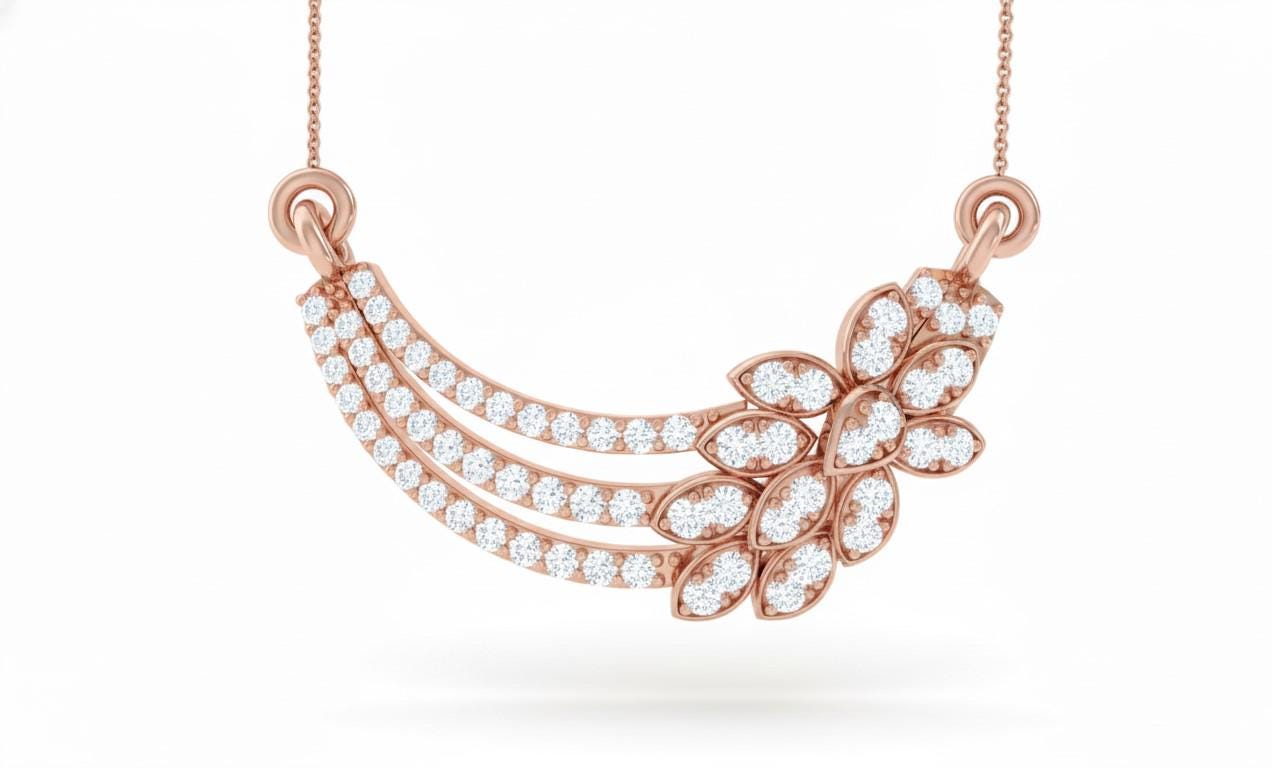 Moissanite Leaf Pendant Necklace, Floral Bridal Jewelry, Rose Gold Finish