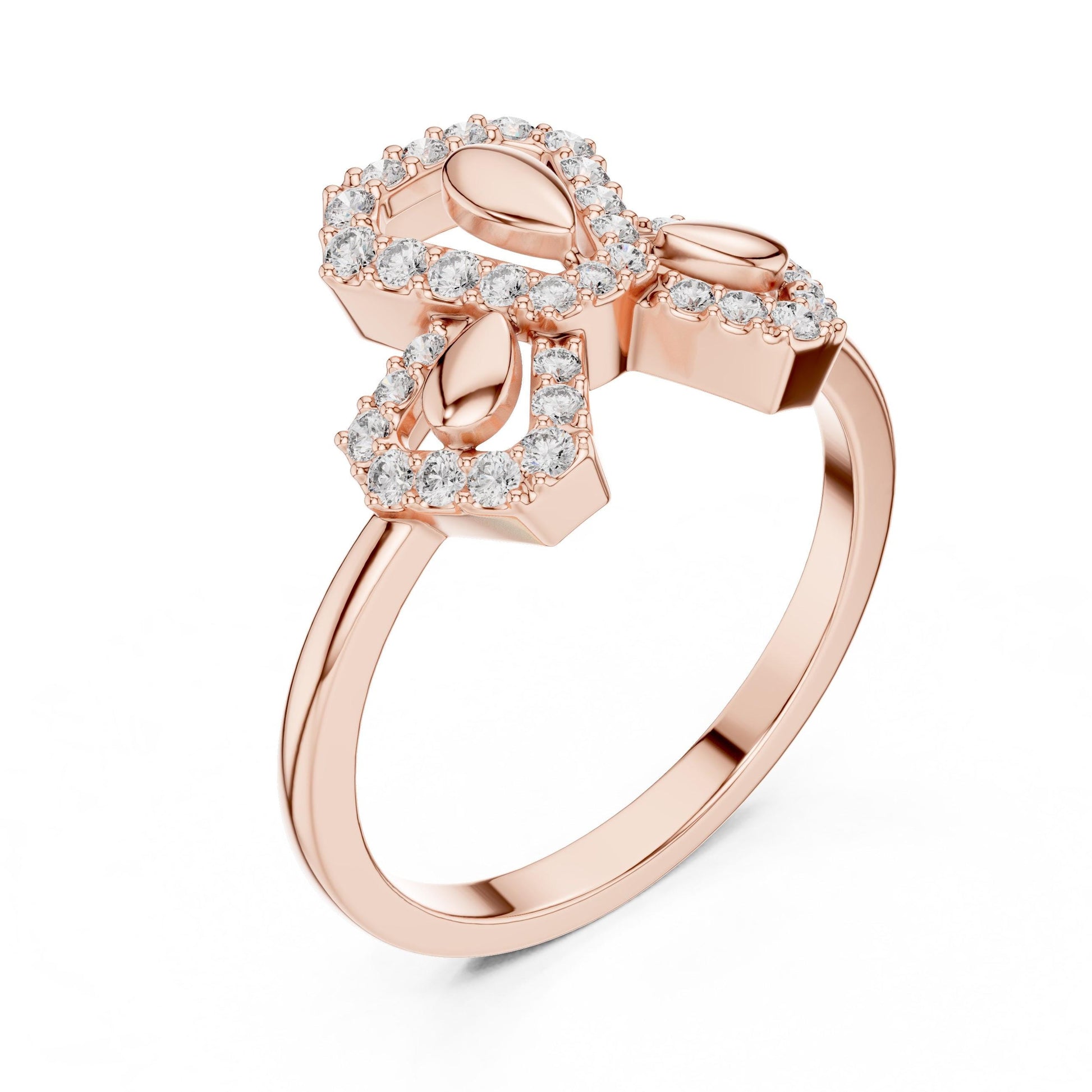 Rose gold moissanite diamond ring with a delicate bow knot design, featuring minimalist and dainty bridal jewelry style.