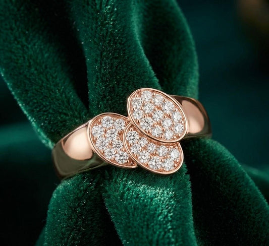 Riora luxury triple cluster moissanite diamond ring featuring rose gold band, dainty bridal statement promise ring with sparkling gemstones
