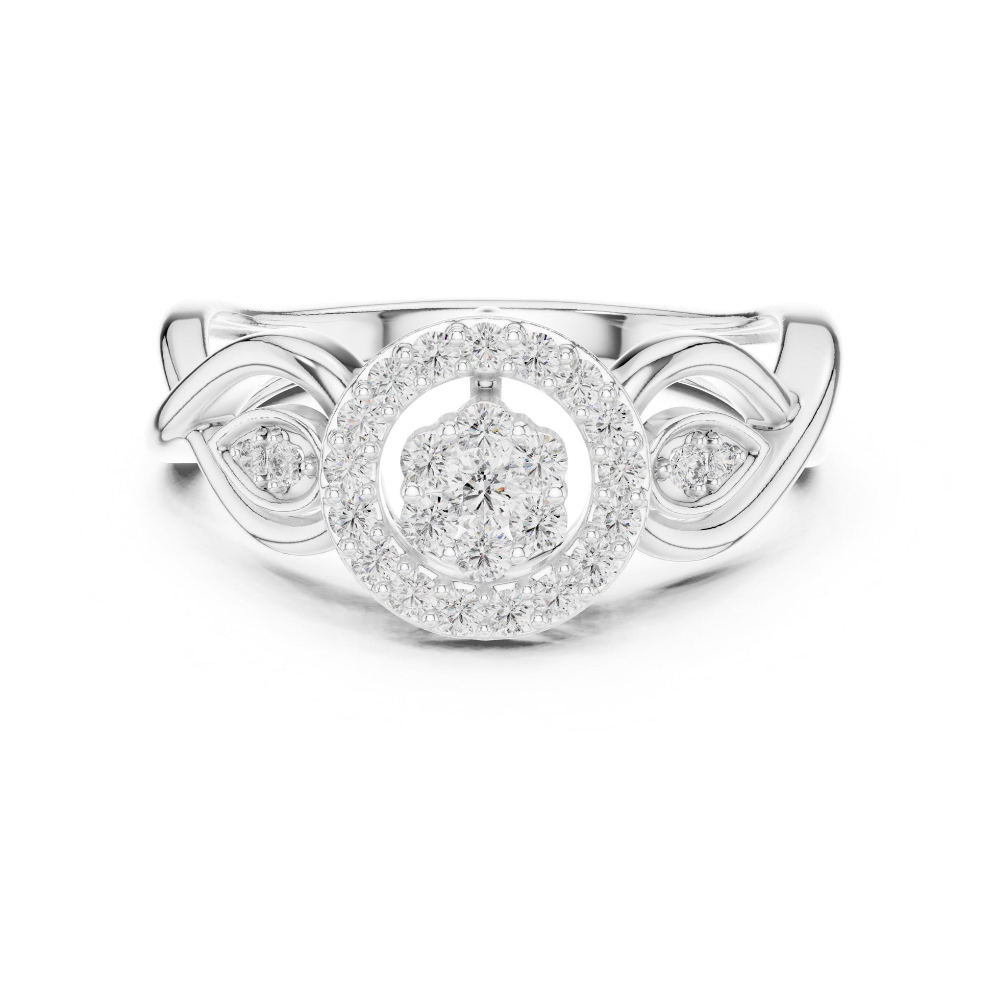 Riora Halo CZ engagement ring with floral cluster design and silver band, statement jewelry for women