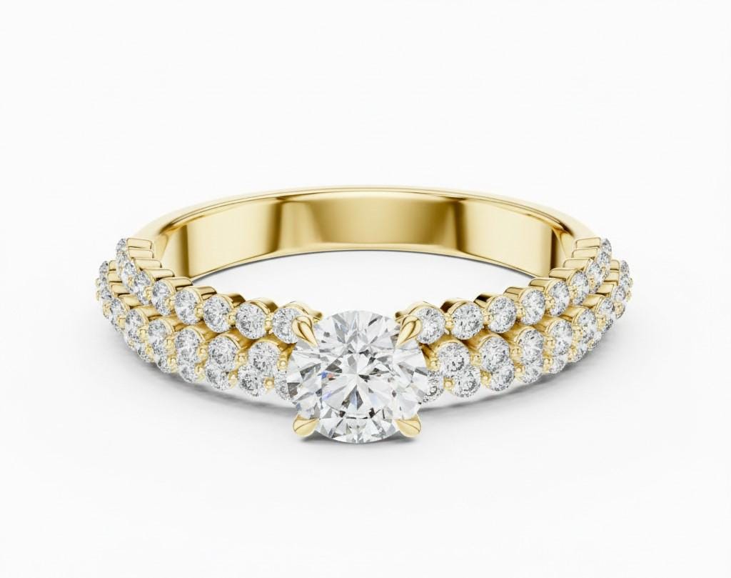 Cubic Zirconia Engagement Ring – Triple Pavé Band | Gold, Rose Gold & Silver