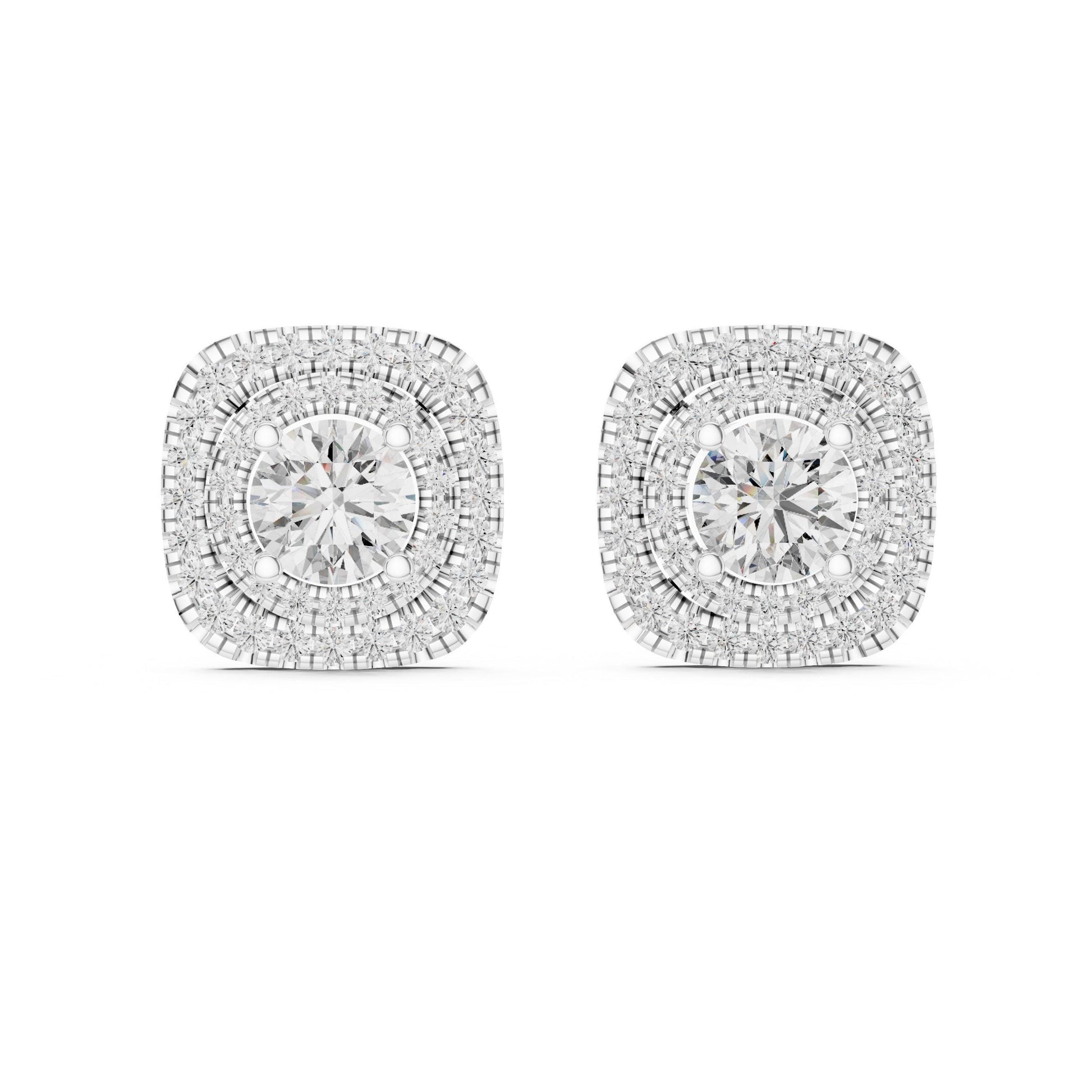 Rose gold moissanite diamond stud earrings with cushion halo design by Riora, minimalist jewelry for special occasions and gifts
