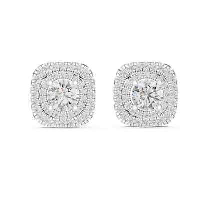 Rose gold moissanite diamond stud earrings with cushion halo design by Riora, minimalist jewelry for special occasions and gifts
