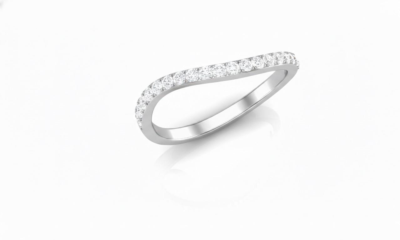 Riora moissanite curved wedding band in gold, nickel-free hypoallergenic ring with minimal diamond accents, stacking jewelry.