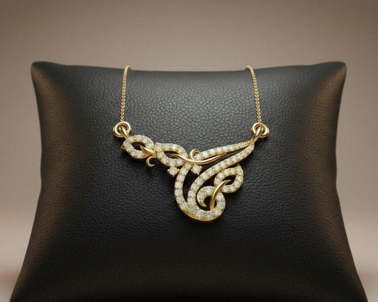 Elegant Riora moissanite swirl pendant necklace in gold, rose, and silver with sparkling stones, perfect for bridal or anniversary jewelry.