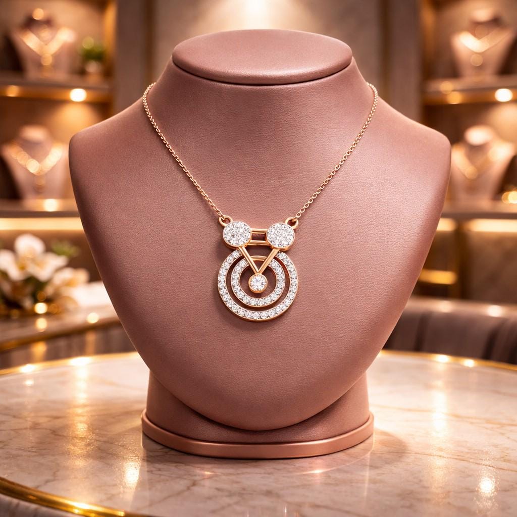 Riora moissanite geometric pendant necklace in gold, rose gold, and silver with a dainty circle charm, minimalist bridal jewelry
