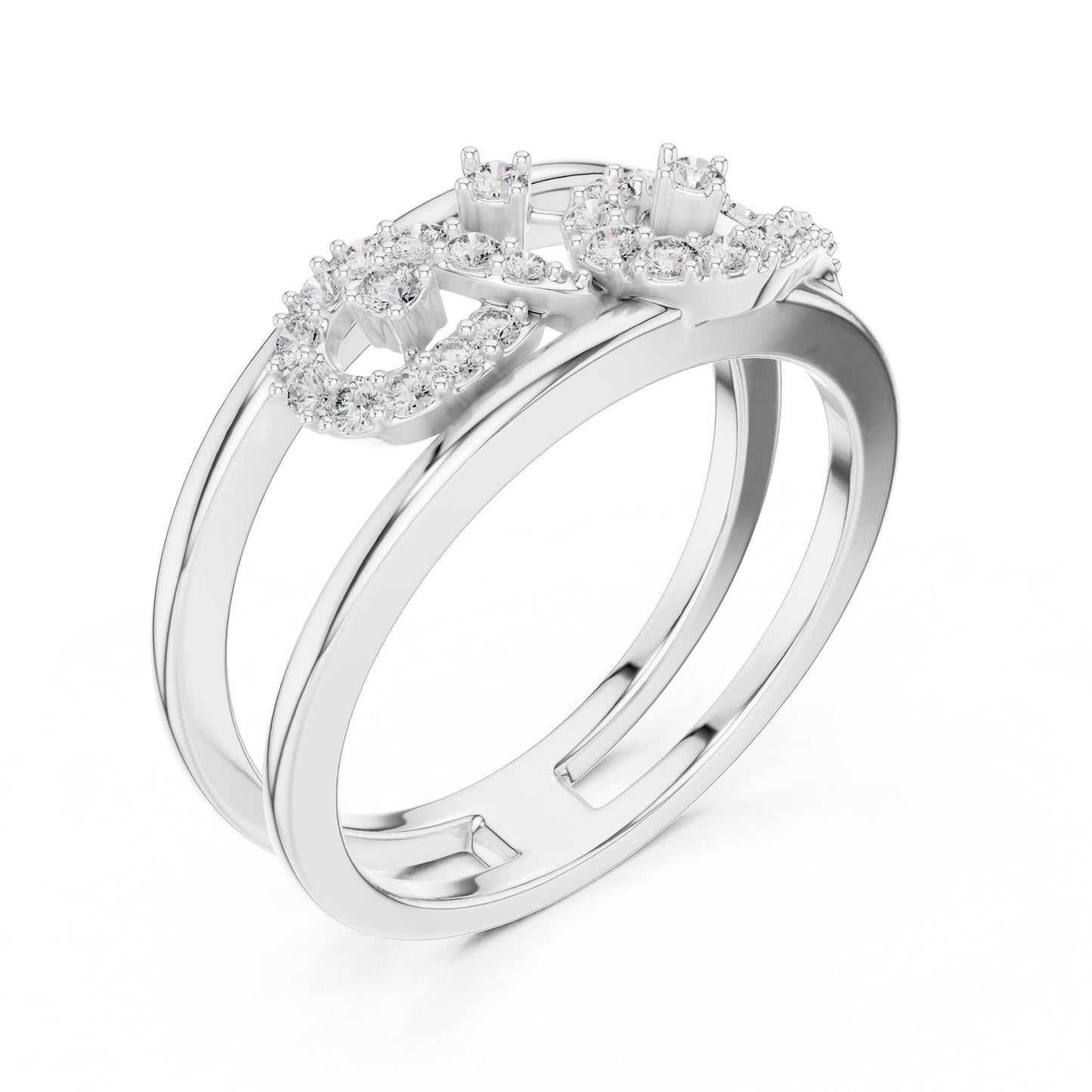 Riora Infinity Halo Moissanite diamond ring in gold and rose gold, featuring a delicate promise band for bridal jewelry.
