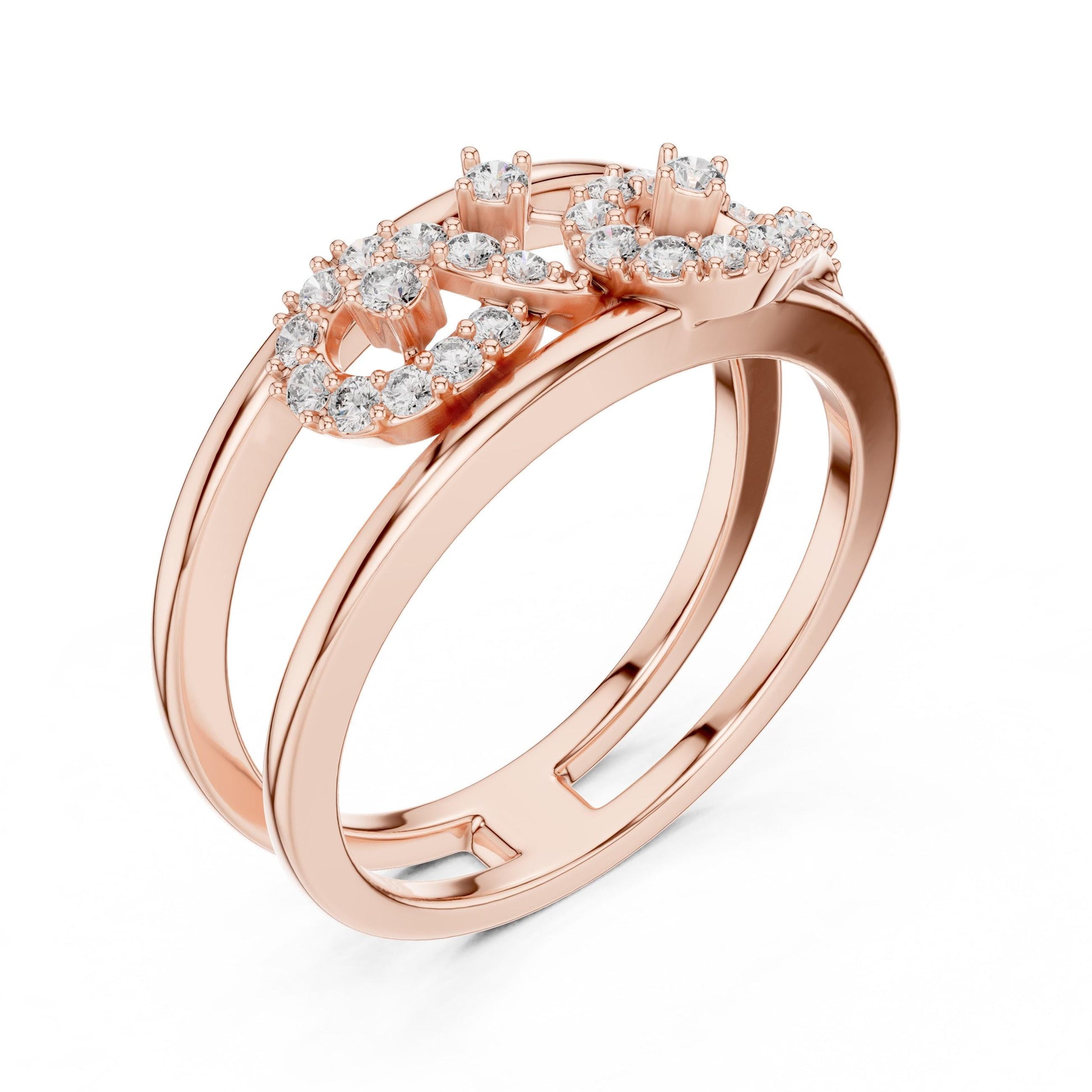 Riora Infinity Halo Moissanite diamond ring in gold and rose gold, delicate engagement and promise band with sparkling stones