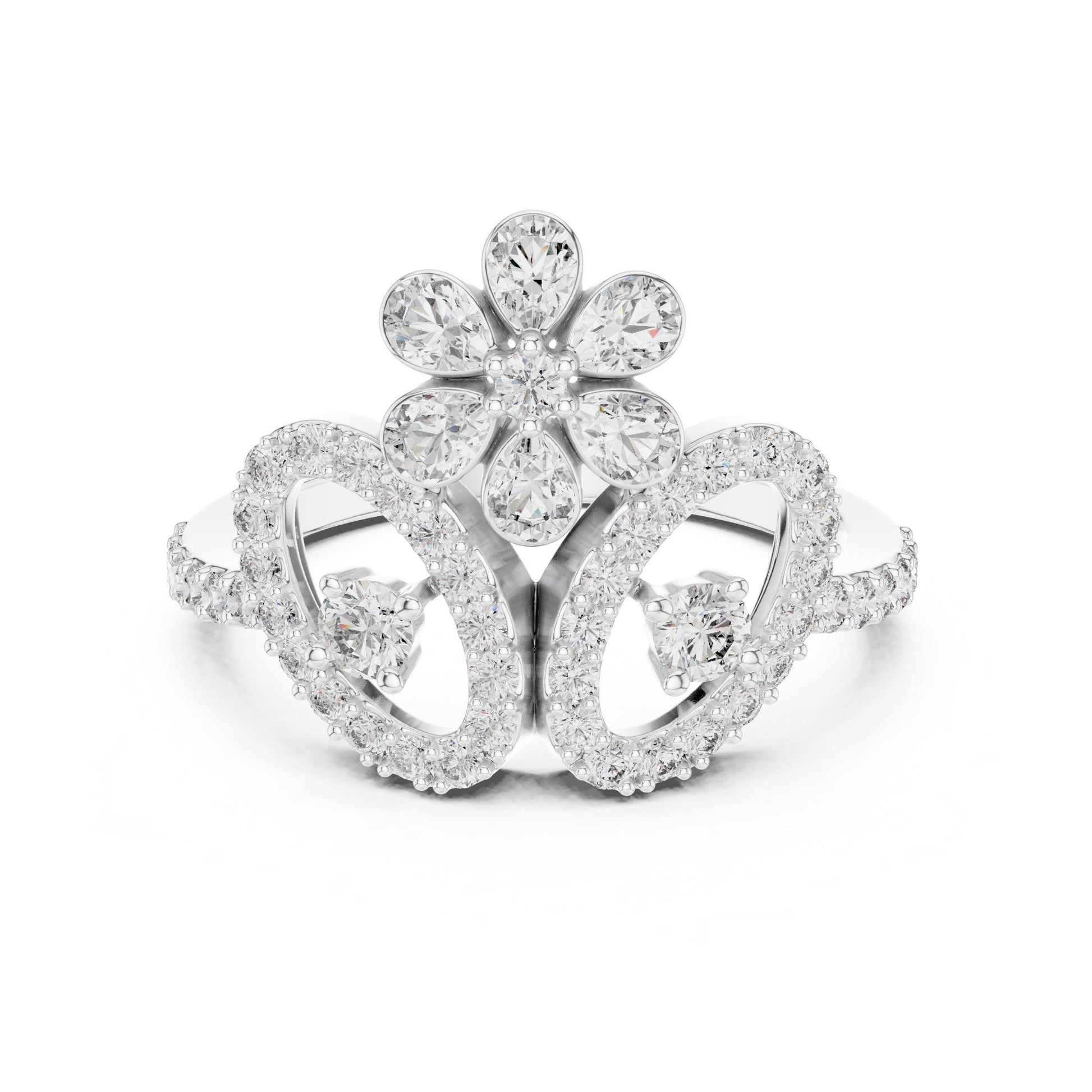 Riora floral halo moissanite diamond crown ring with gold and silver finish, vintage-inspired bridal engagement promise band