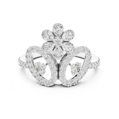 Riora floral halo moissanite diamond crown ring with gold and silver finish, vintage-inspired bridal engagement promise band