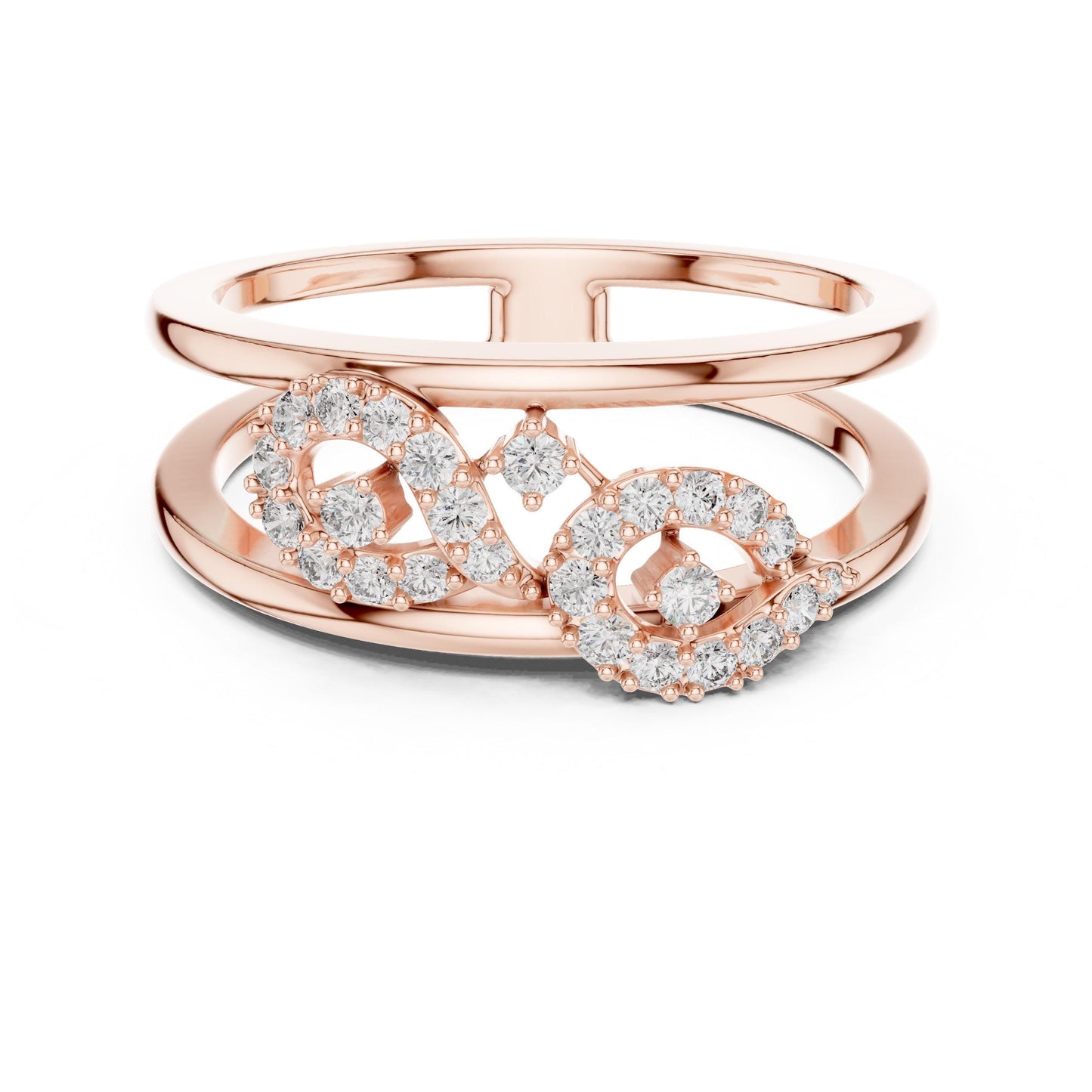 Riora Infinity Halo Moissanite diamond ring featuring gold and rose gold bands, dainty engagement and promise jewelry piece