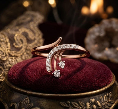 Riora moissanite curved diamond ring in rose gold, minimalist stacking design with silver and gold options, elegant engagement jewelry