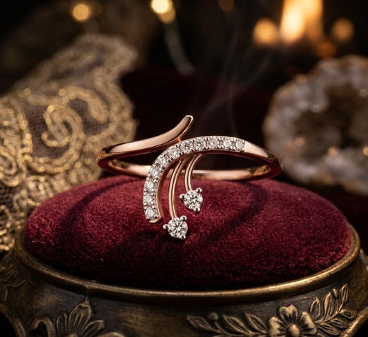 Riora moissanite curved diamond ring in rose gold, minimalist stacking design with silver and gold options, elegant engagement jewelry